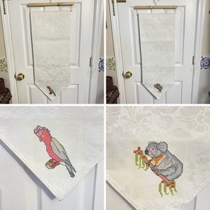 Vintage Ladelle White Floral Damask Australia Parrot Koala Table Runner Tapestry